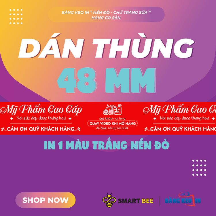  Băng Keo In Mỹ Phẩm Cao Cấp [48MMx72M] Nền Đỏ Tím & Chữ Trắng Sữa MPCCxNMCT 