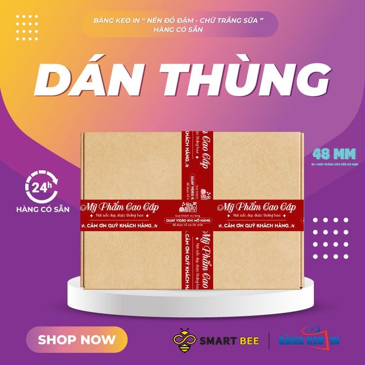  Băng Keo In Mỹ Phẩm Cao Cấp [48MMx72M] Nền Đỏ Đậm & Chữ Trắng Sữa MPCCxNMCT 