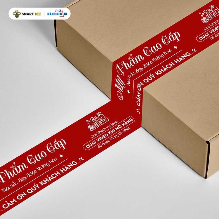  Băng Keo In Mỹ Phẩm Cao Cấp [48MMx72M] Nền Đỏ Đậm & Chữ Trắng Sữa MPCCxNMCT 