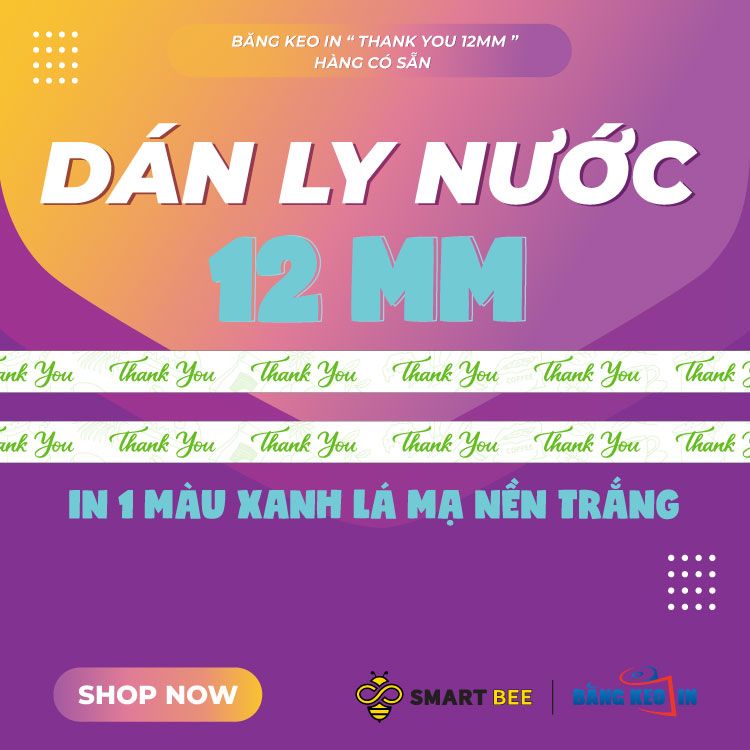  Băng Keo In Thank You [12MMx72M] Xanh Lá Mạ & Trắng Sữa Dán Ly, Dán Hộp 
