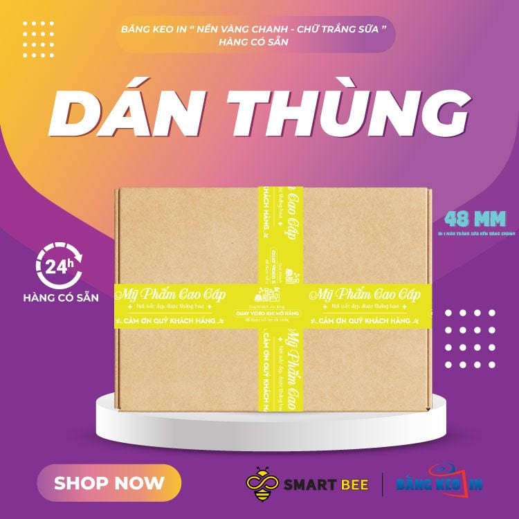  Băng Keo In Mỹ Phẩm Cao Cấp [48MMx72M] Nền Vàng Chanh & Chữ Trắng Sữa MPCCxNMCT 