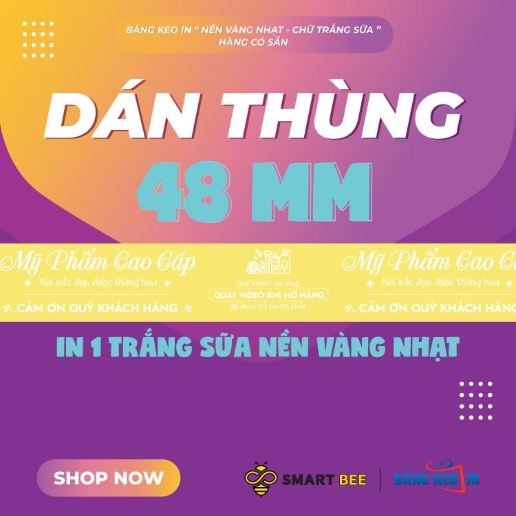  Băng Keo In Mỹ Phẩm Cao Cấp [48MMx72M] Nền Vàng Nhạt & Chữ Trắng Sữa MPCCxNMCT 