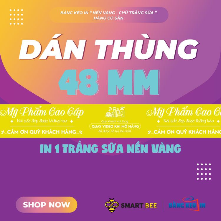  Băng Keo In Mỹ Phẩm Cao Cấp [48MMx72M] Nền Vàng & Chữ Trắng Sữa MPCCxNMCT 
