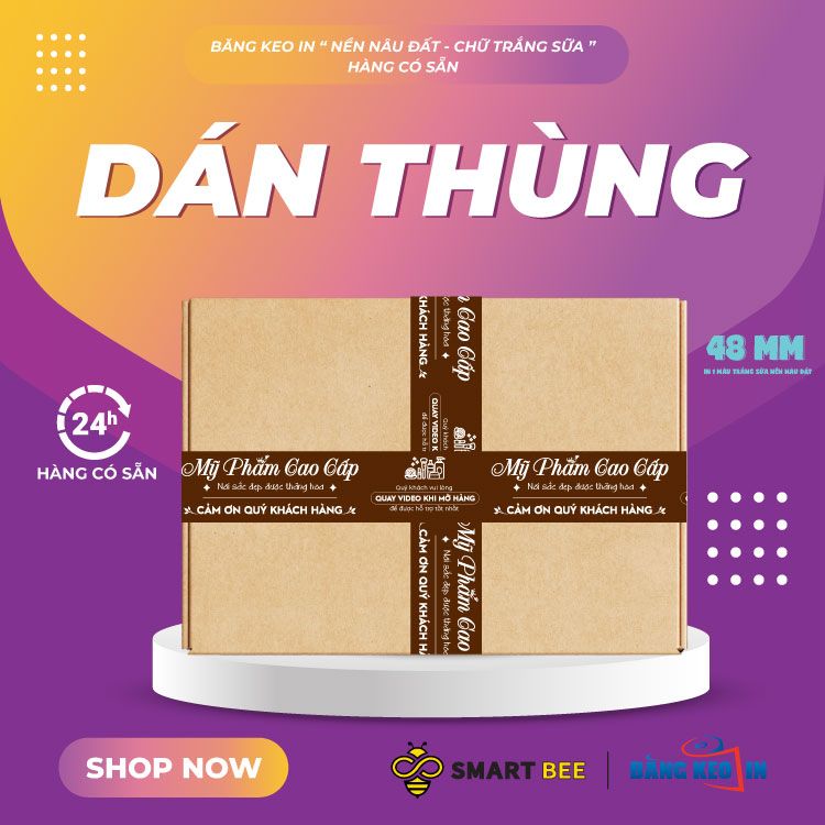  Băng Keo In Mỹ Phẩm Cao Cấp [48MMx72M] Nền Nâu Đất & Chữ Trắng Sữa MPCCxNMCT 
