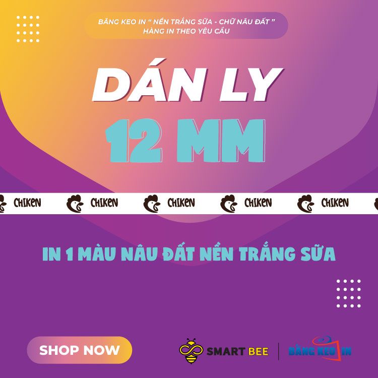  Băng Keo In 1 Màu Theo Yêu Cầu [12MMx72M] Nền Trắng Sữa & Màu In Nâu Đất Dán Ly, Dán Hộp 12NTCM 