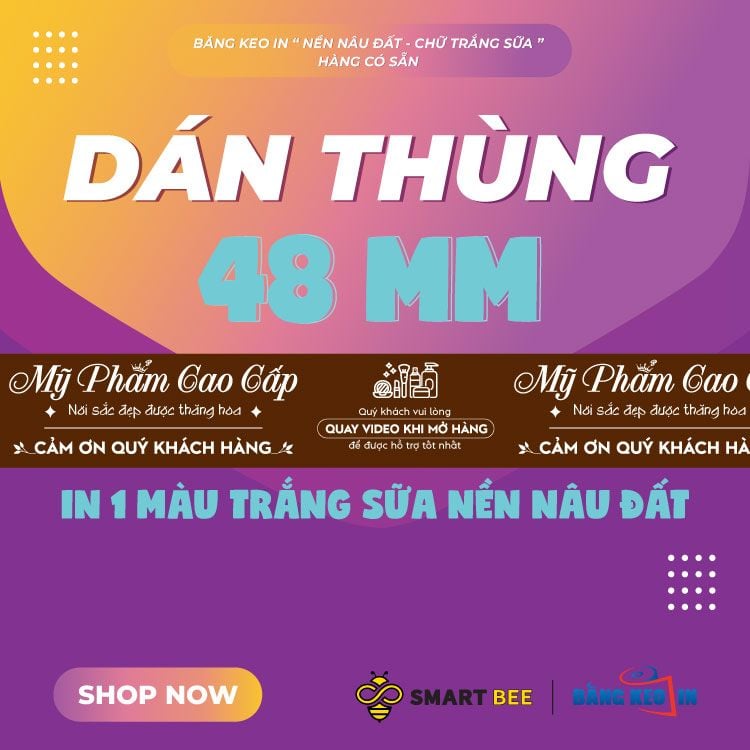 Băng Keo In Mỹ Phẩm Cao Cấp [48MMx72M] Nền Nâu Đất & Chữ Trắng Sữa MPCCxNMCT 