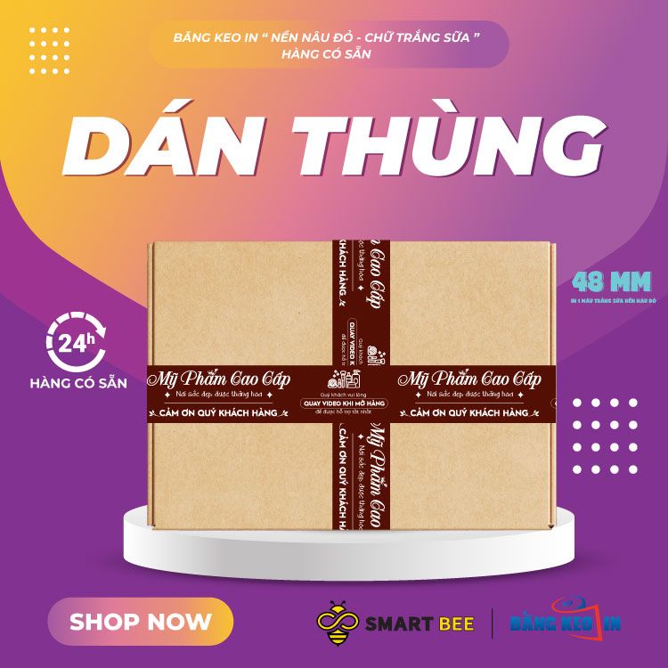 Băng Keo In Mỹ Phẩm Cao Cấp [48MMx72M] Nền Nâu Đỏ & Chữ Trắng Sữa MPCCxNMCT 