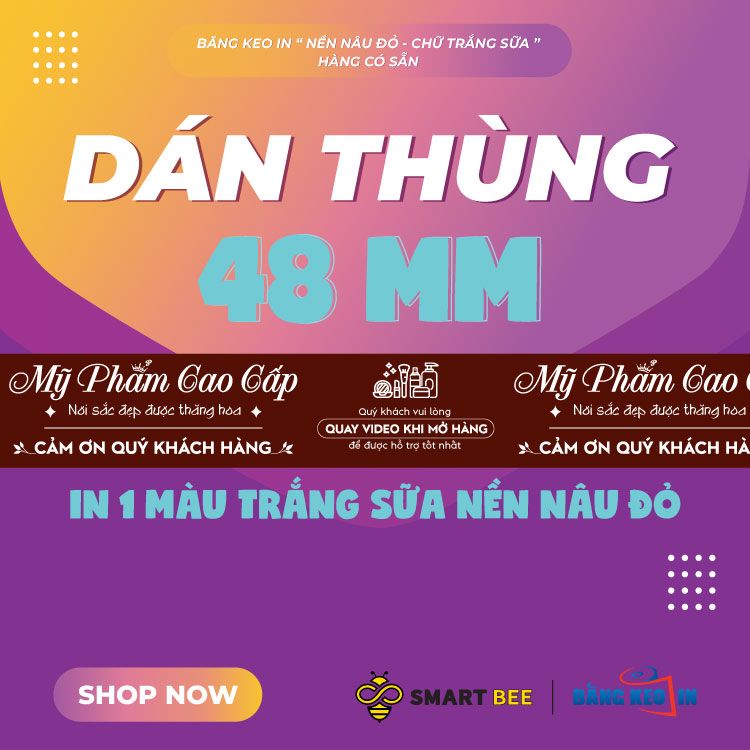  Băng Keo In Mỹ Phẩm Cao Cấp [48MMx72M] Nền Nâu Đỏ & Chữ Trắng Sữa MPCCxNMCT 