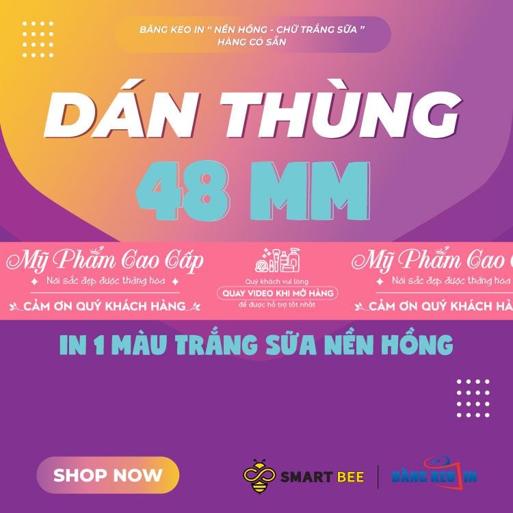  Băng Keo In Mỹ Phẩm Cao Cấp [48MMx72M] Nền Hồng & Chữ Trắng Sữa MPCCxNMCT 