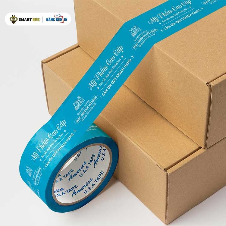  Băng Keo In Mỹ Phẩm Cao Cấp [48MMx72M] Nền Xanh Da Trời & Chữ Trắng Sữa MPCCxNMCT 