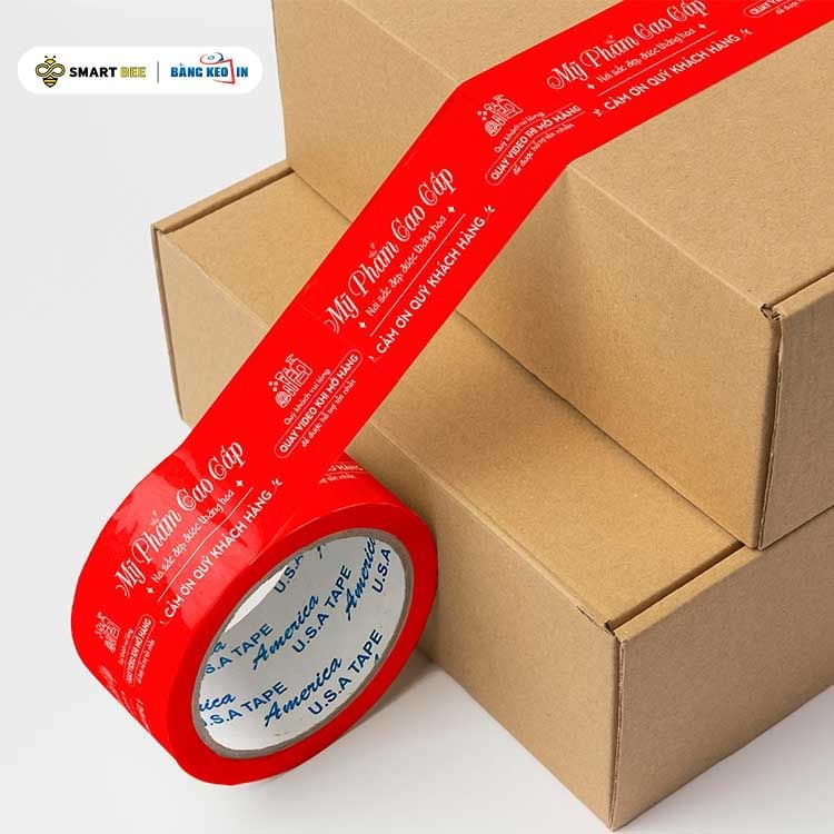  Băng Keo In Mỹ Phẩm Cao Cấp [48MMx72M] Nền Đỏ & Chữ Trắng Sữa MPCCxNMCT 