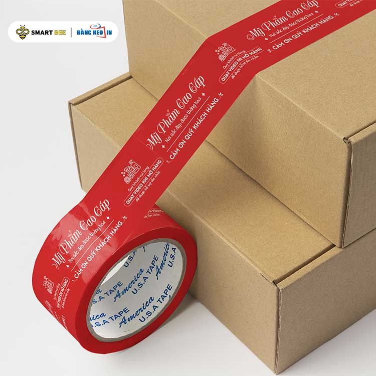  Băng Keo In Mỹ Phẩm Cao Cấp [48MMx72M] Nền Đỏ Hồng & Chữ Trắng Sữa MPCCxNMCT 