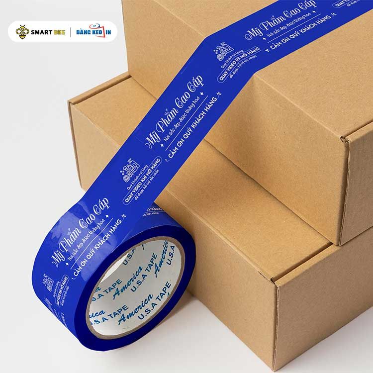  Băng Keo In Mỹ Phẩm Cao Cấp [48MMx72M] Nền Xanh Dương & Chữ Trắng Sữa MPCCxNMCT 