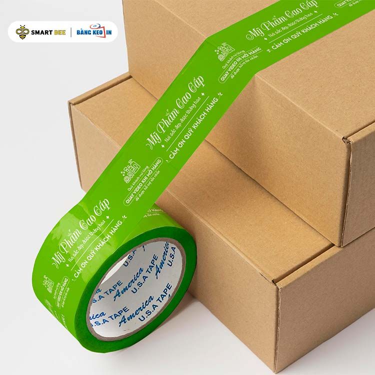  Băng Keo In Mỹ Phẩm Cao Cấp [48MMx72M] Nền Xanh Lá Mạ & Chữ Trắng Sữa MPCCxNMCT 