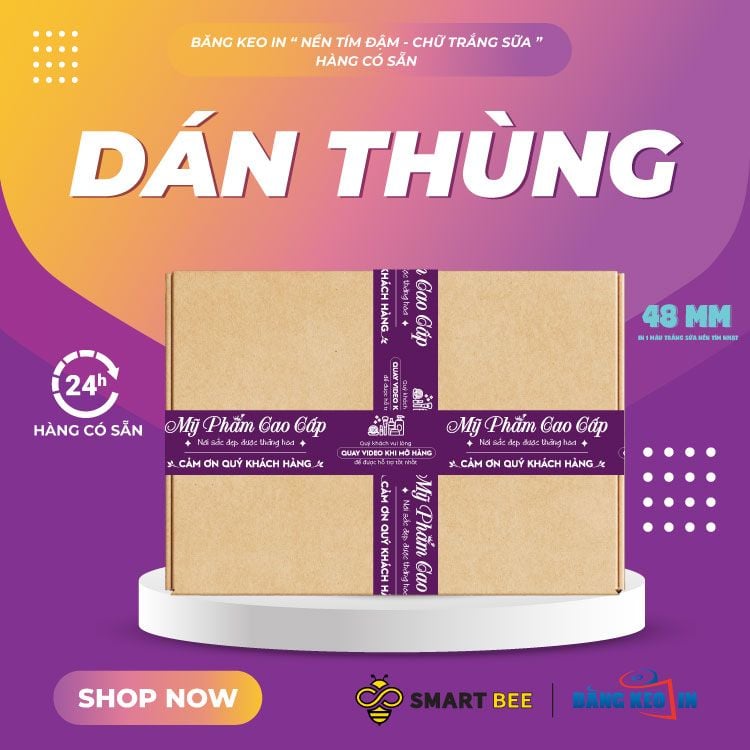  Băng Keo In Mỹ Phẩm Cao Cấp [48MMx72M] Nền Tím Đậm & Chữ Trắng Sữa MPCCxNMCT 