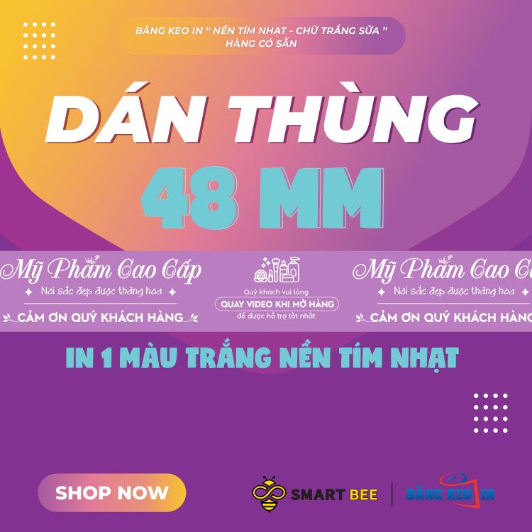  Băng Keo In Mỹ Phẩm Cao Cấp [48MMx72M] Nền Tím Nhạt & Chữ Trắng Sữa MPCCxNMCT 