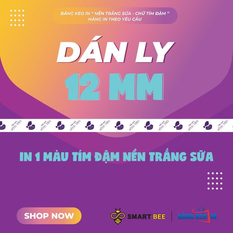  Băng Keo In 1 Màu Theo Yêu Cầu [12MMx72M] Nền Trắng Sữa & Màu In Tím Đậm Dán Ly, Dán Hộp 
