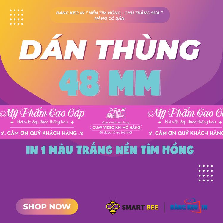  Băng Keo In Mỹ Phẩm Cao Cấp [48MMx72M] Nền Tím Hồng & Chữ Trắng Sữa MPCCxNMCT 
