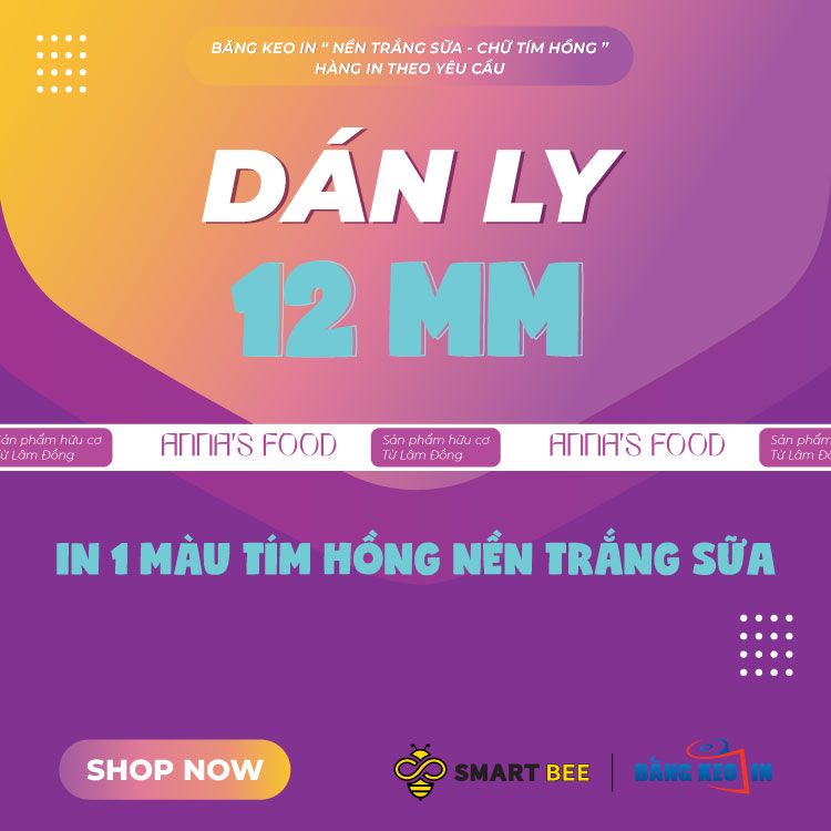  Băng Keo In 1 Màu Theo Yêu Cầu [12MMx72M] Nền Trắng Sữa & Màu In Tím Hồng Dán Ly, Dán Hộp 12NTCM 