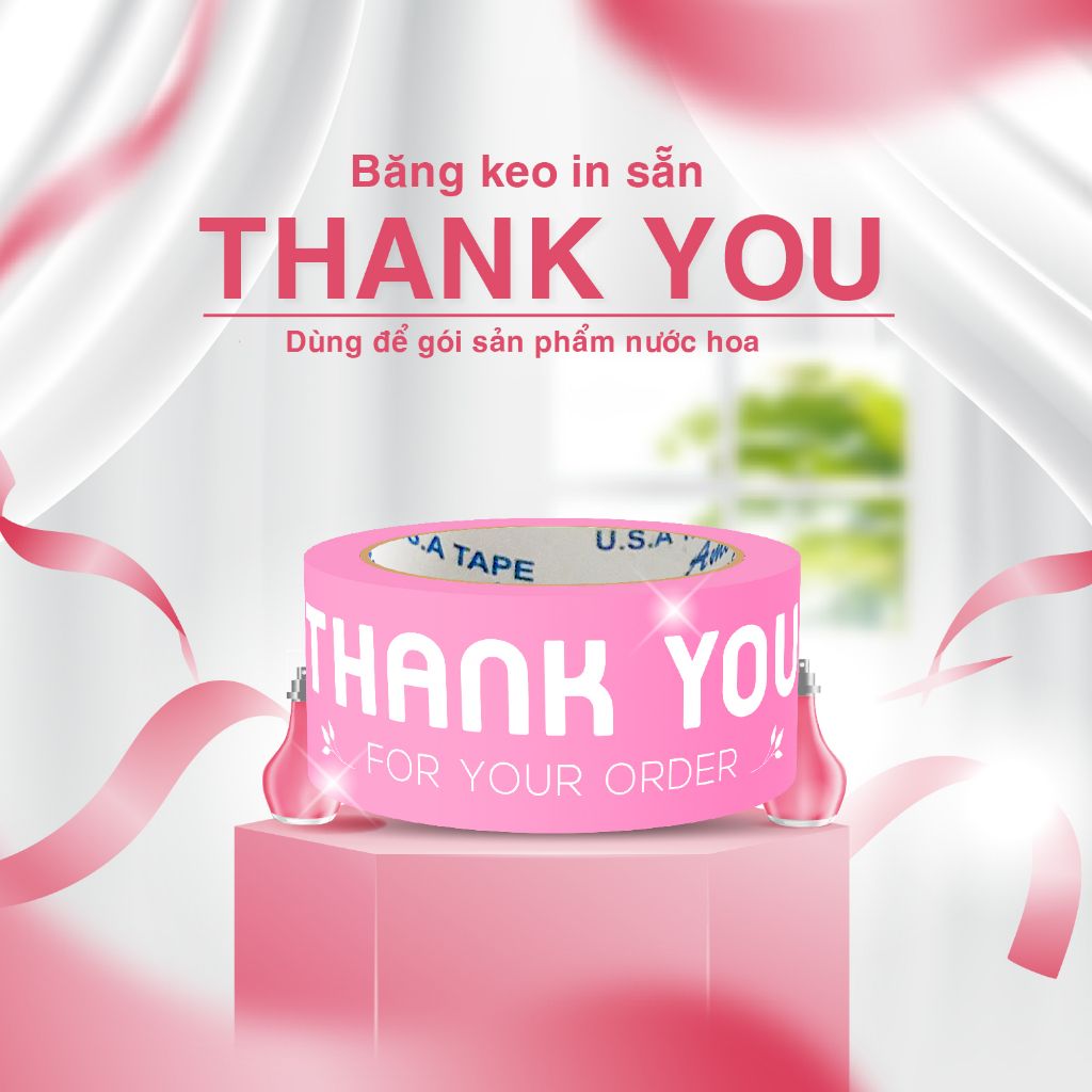  [CÓ SẴN] Băng keo in Thank You màu hồng gói hàng Nước hoa chính hãng (dài 65met) 