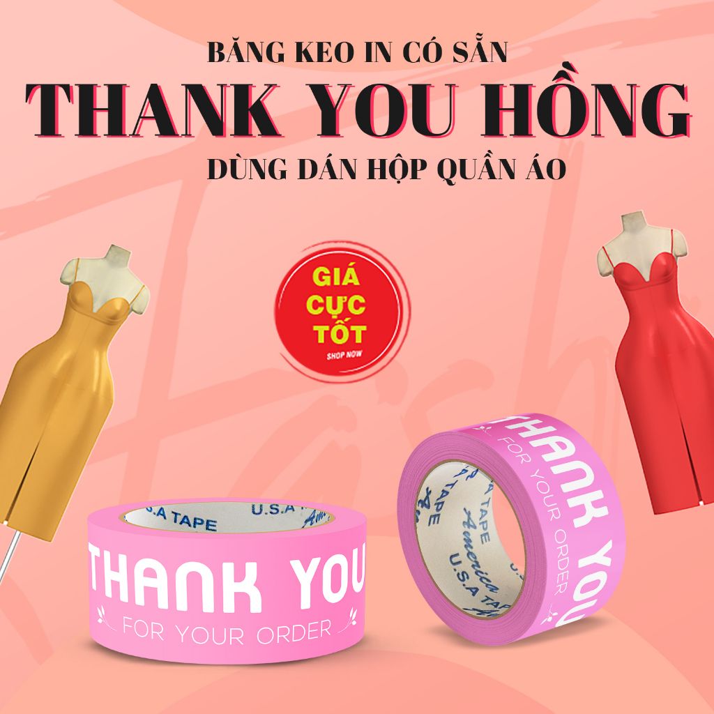  [CÓ SẴN] Băng keo Cảm ơn nổi bật dán hộp quần áo thời trang, màu hồng siêu xinh 