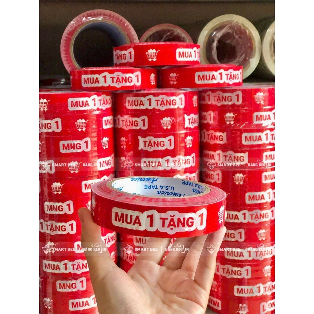  BĂNG KEO IN SẴN CHỮ MUA 1 TẶNG 1 | TRẮNG ĐỎ 24MM 