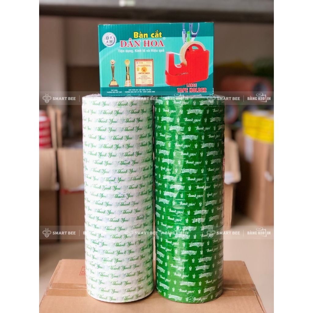 COMBO 2 Cây Băng Keo In Chữ THANK YOU 12mm (50 Cuộn) + [TẶNG BÀN CẮT] 