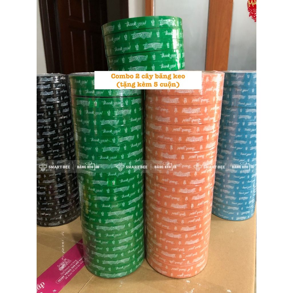  COMBO 2 Cây Băng Keo In Chữ THANK YOU 12mm (50 Cuộn) + [TẶNG 5 CUỘN] 
