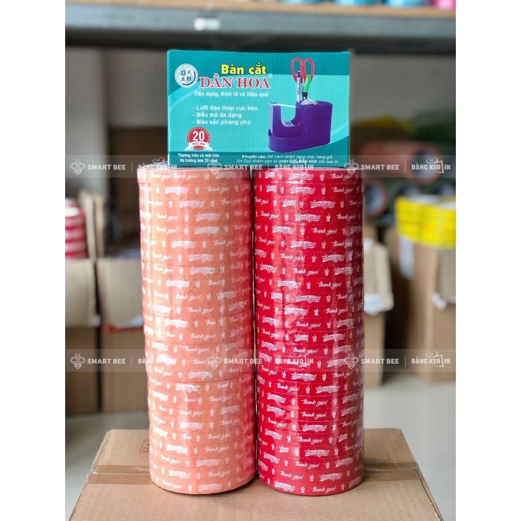  COMBO 2 Cây Băng Keo In Chữ THANK YOU 12mm (50 Cuộn) + [TẶNG BÀN CẮT] 