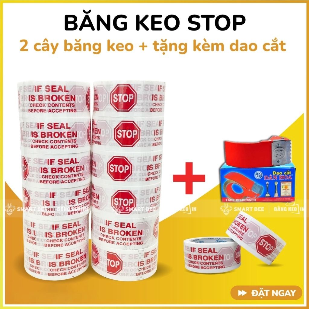 COMBO 2 Cây Băng Keo In Niêm Phong STOP + [TẶNG DAO CẮT] 