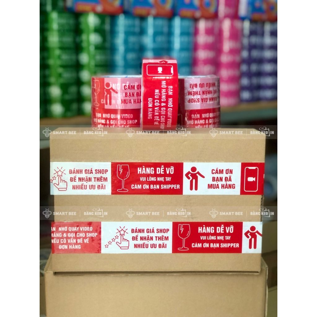  COMBO 12 Cuộn Băng Keo Đỏ Trắng In Chữ HÀNG DỄ VỠ + [TẶNG 1 CUỘN] 
