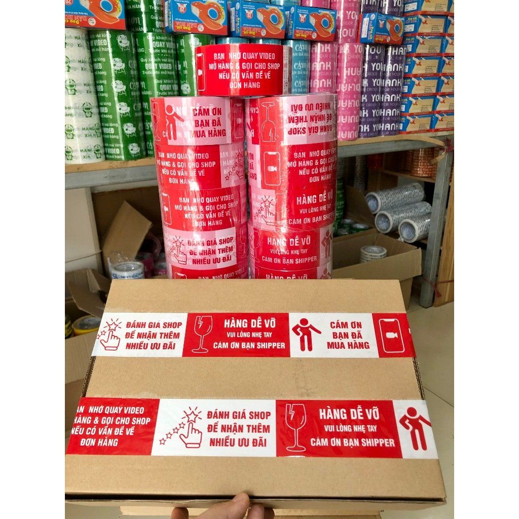  COMBO 12 Cuộn Băng Keo Đỏ Trắng In Chữ HÀNG DỄ VỠ + [TẶNG 1 CUỘN] 