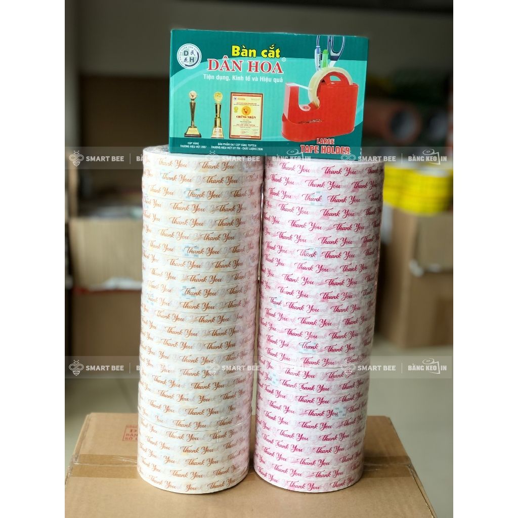  COMBO 2 Cây Băng Keo In Chữ THANK YOU 12mm (50 Cuộn) + [TẶNG BÀN CẮT] 
