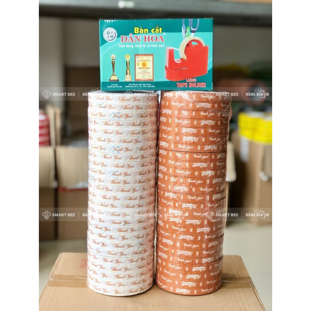  COMBO 2 Cây Băng Keo In Chữ THANK YOU 12mm (50 Cuộn) + [TẶNG BÀN CẮT] 