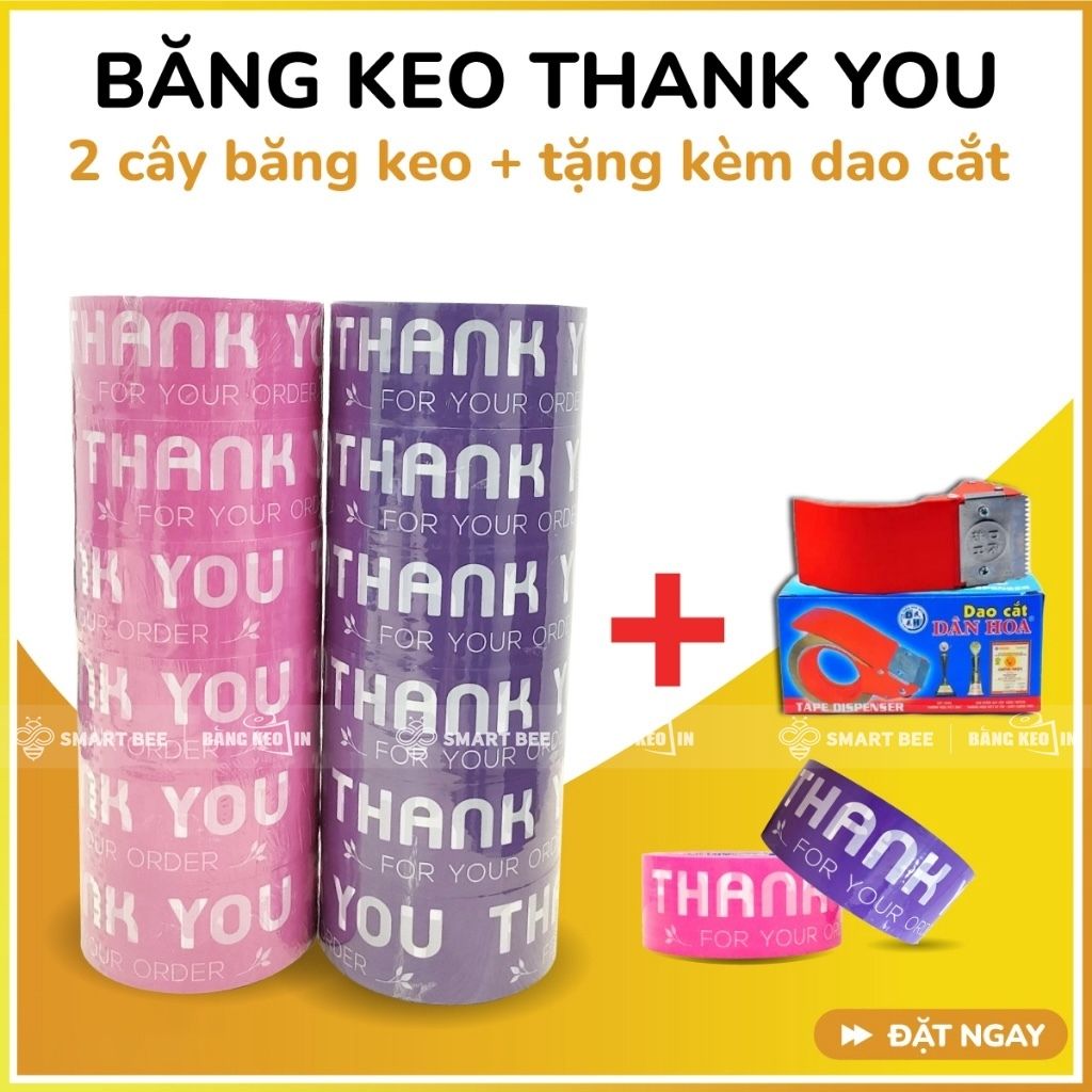  COMBO 2 Cây Băng Keo In Chữ THANK YOU 48mm (12 Cuộn) + [TẶNG DAO CẮT] 