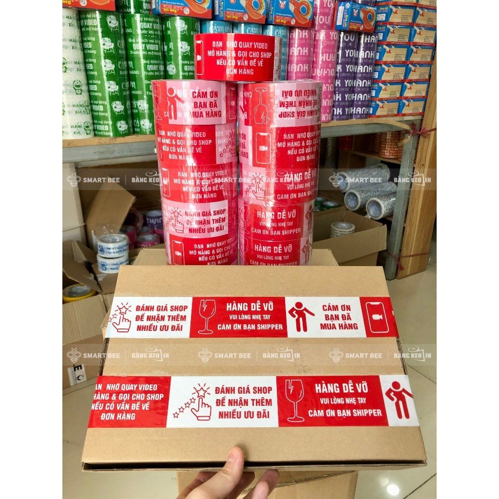  COMBO 12 Cuộn Băng Keo Đỏ Trắng In Chữ HÀNG DỄ VỠ + [TẶNG 1 CUỘN] 