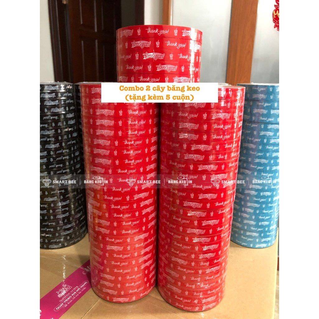  COMBO 2 Cây Băng Keo In Chữ THANK YOU 12mm (50 Cuộn) + [TẶNG 5 CUỘN] 