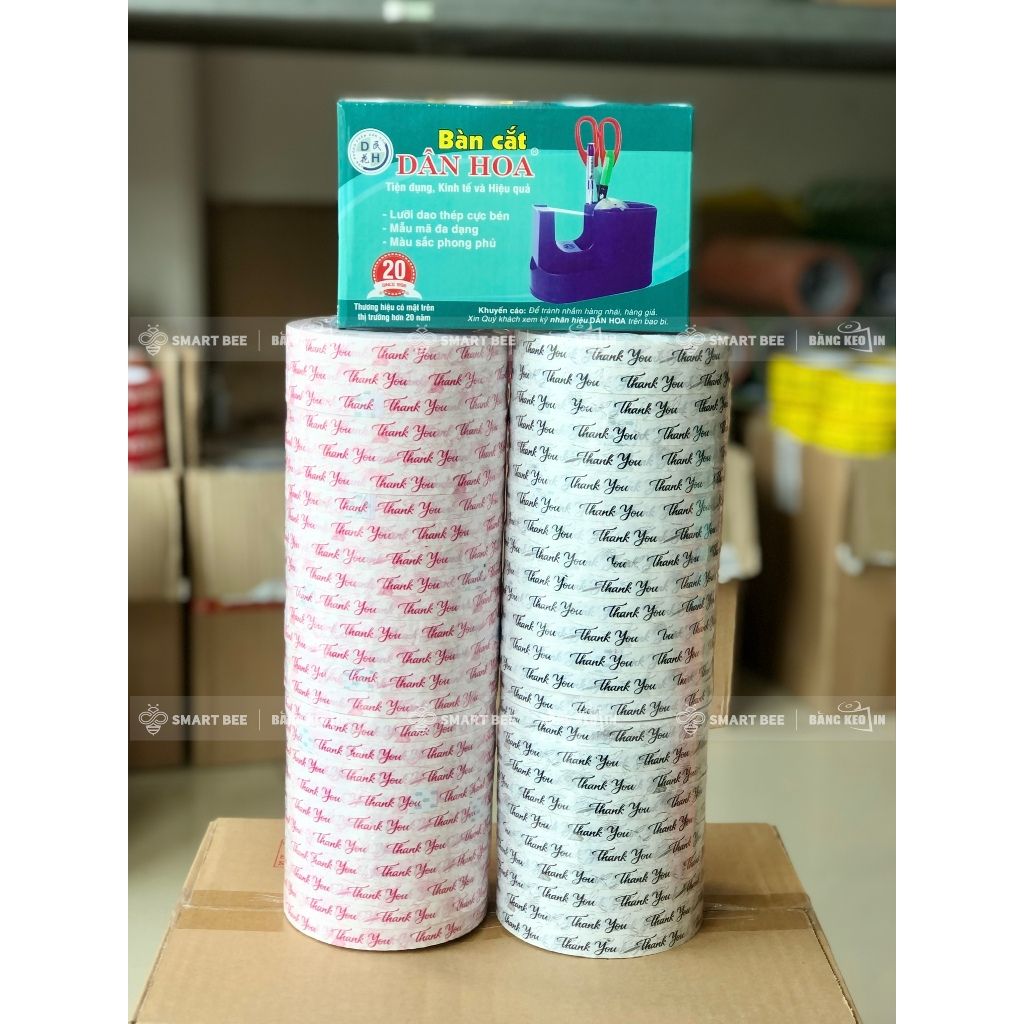  COMBO 2 Cây Băng Keo In Chữ THANK YOU 12mm (50 Cuộn) + [TẶNG BÀN CẮT] 