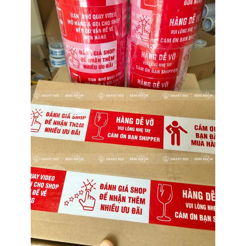  COMBO 12 Cuộn Băng Keo Đỏ Trắng In Chữ HÀNG DỄ VỠ + [TẶNG 1 CUỘN] 