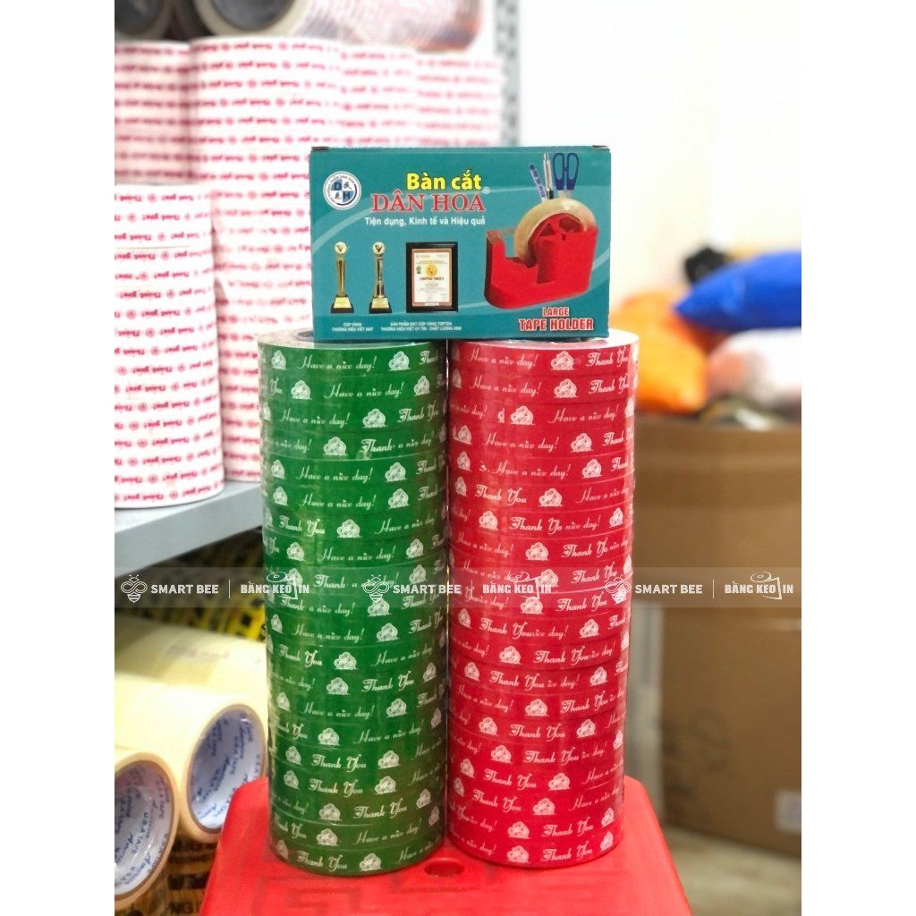  COMBO 2 Cây Băng Keo In THANK YOU 15mm (40 Cuộn) + [TẶNG BÀN CẮT] 