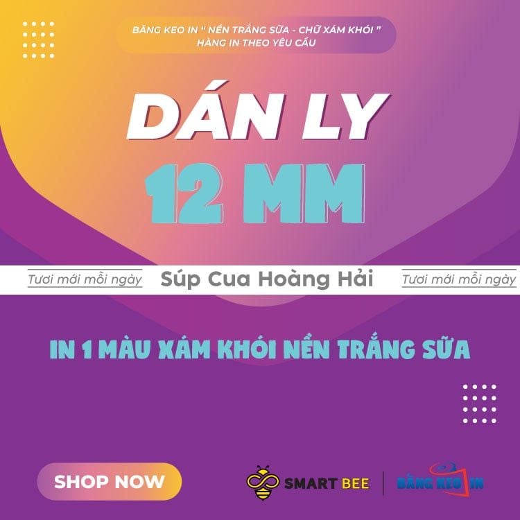  Băng Keo In 1 Màu Theo Yêu Cầu [12MMx72M] Nền Trắng Sữa & Màu In Xám Khói Dán Ly, Dán Hộp 12NTCM 