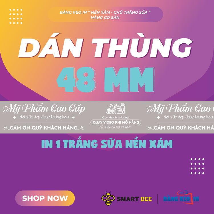  Băng Keo In Mỹ Phẩm Cao Cấp [48MMx72M] Nền Xám & Chữ Trắng Sữa MPCCxNMCT 