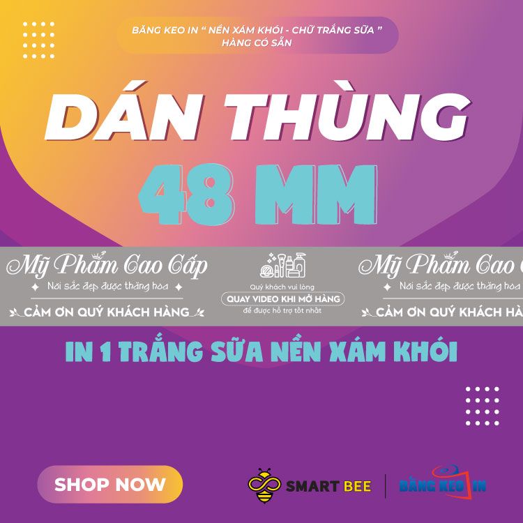  Băng Keo In Mỹ Phẩm Cao Cấp [48MMx72M] Nền Xám Khói & Chữ Trắng Sữa MPCCxNMCT 