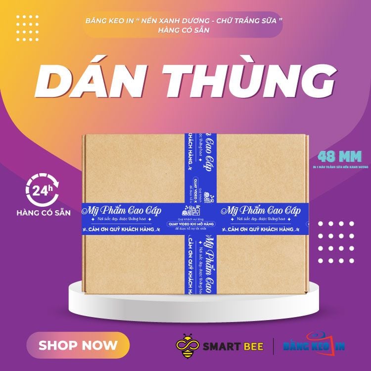  Băng Keo In Mỹ Phẩm Cao Cấp [48MMx72M] Nền Xanh Dương & Chữ Trắng Sữa MPCCxNMCT 