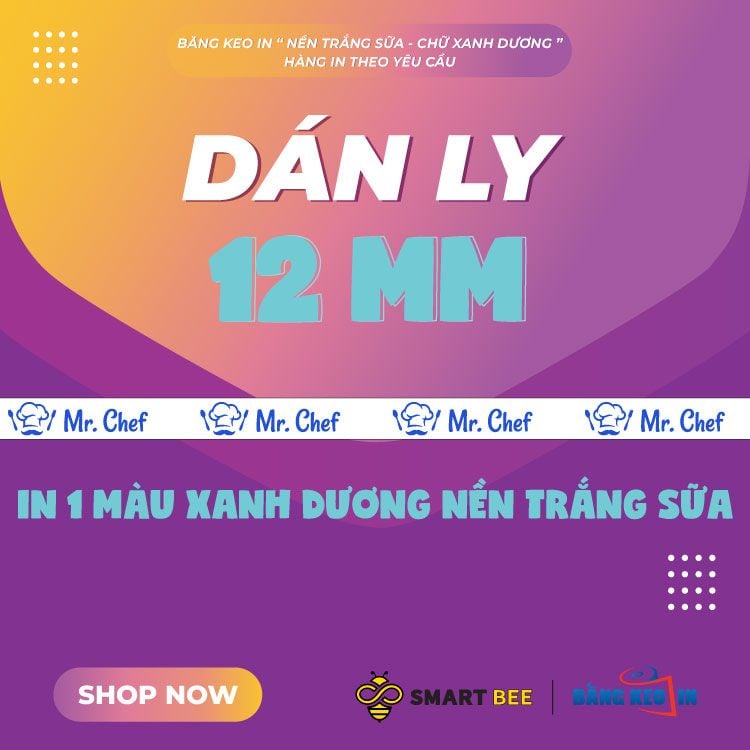  Băng Keo In 1 Màu Theo Yêu Cầu [12MMx72M] Nền Trắng Sữa & Màu In Xanh Dương Dán Ly, Dán Hộp 12NTCM 
