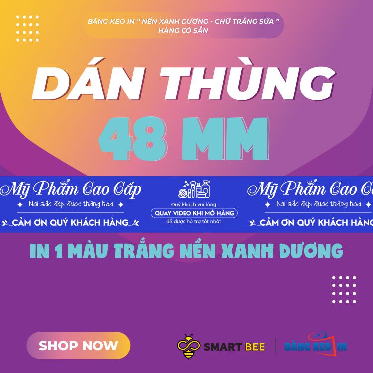  Băng Keo In Mỹ Phẩm Cao Cấp [48MMx72M] Nền Xanh Dương & Chữ Trắng Sữa MPCCxNMCT 