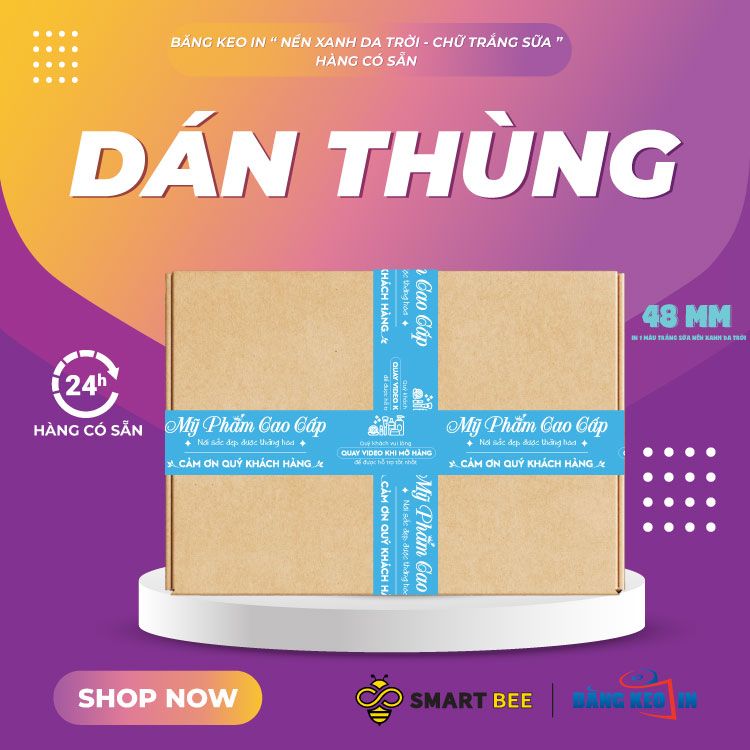  Băng Keo In Mỹ Phẩm Cao Cấp [48MMx72M] Nền Xanh Da Trời & Chữ Trắng Sữa MPCCxNMCT 