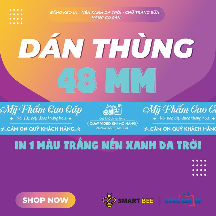  Băng Keo In Mỹ Phẩm Cao Cấp [48MMx72M] Nền Xanh Da Trời & Chữ Trắng Sữa MPCCxNMCT 