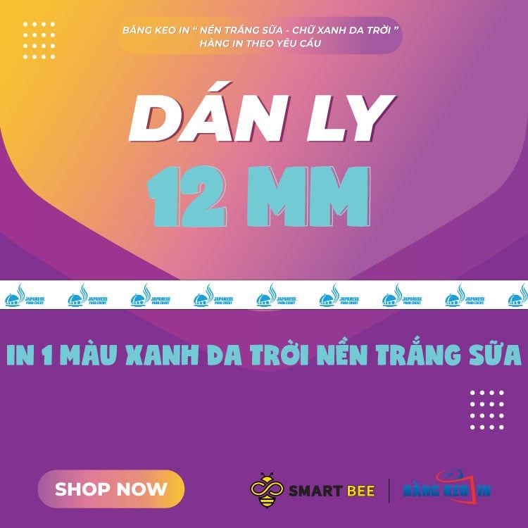  Băng Keo In 1 Màu Theo Yêu Cầu [12MMx72M] Nền Trắng Sữa & Màu In Xanh Da Trời Dán Ly, Dán Hộp 
