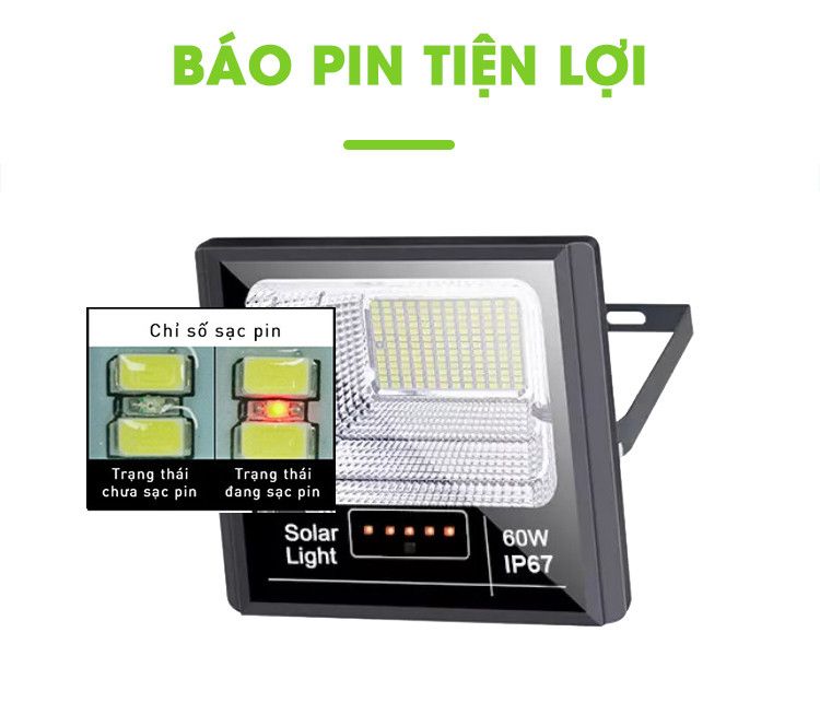Đèn Năng Lượng Mặt Trời 60W IP67, Sáng 12 Giờ Liên Tục